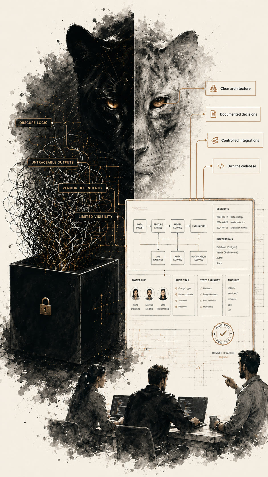 Ownership over black box — from obscure logic, untraceable outputs and vendor dependency to clear architecture, documented decisions, controlled integrations and a codebase your team owns