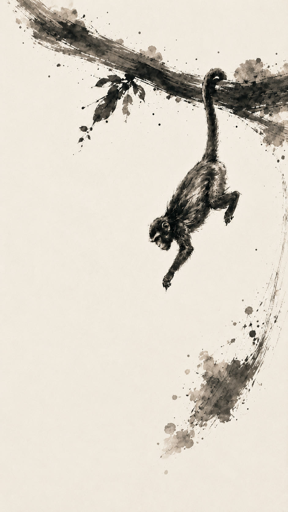 Take the leap — a baby monkey hangs from a branch by its tail, reaching out mid-leap