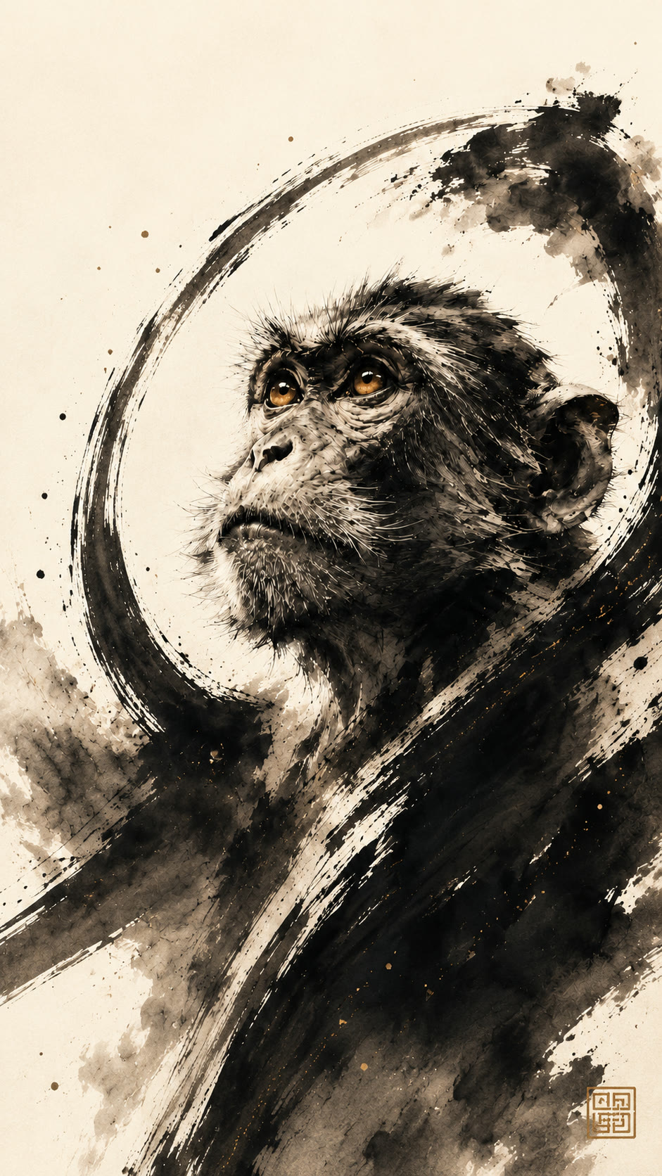 Karya Products — a meditative monkey inside an ensō circle, gazing upward; bronze maker's chop in the corner