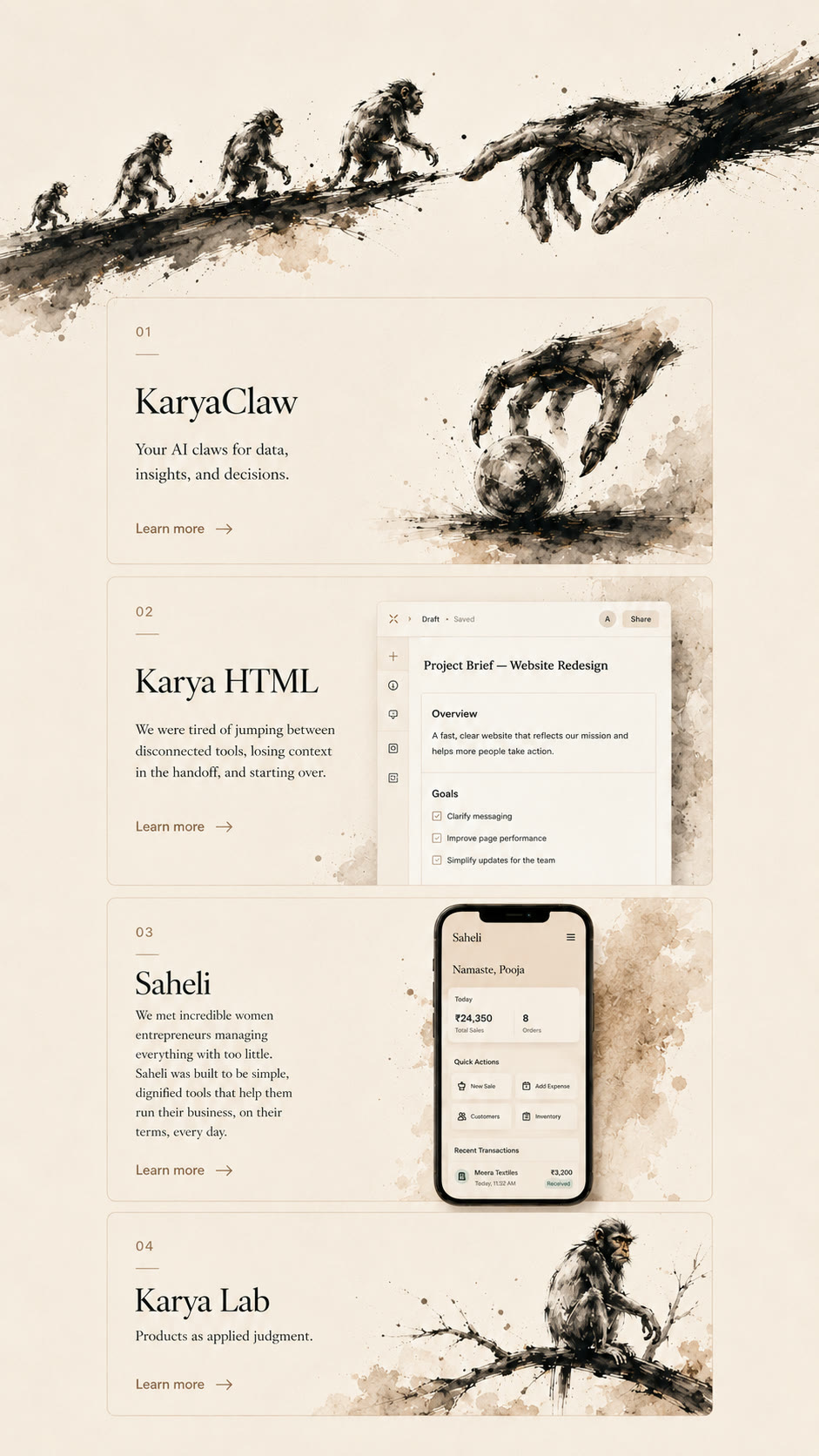 How each product came to be — monkey procession ascending toward a human hand reaching down. KaryaClaw (Ask anything — smart assistant for clear, context-aware answers across your documents and tools). Karya HTML (Explore Templates — living documents that bring clarity, continuity, and control back to the work). Saheli (Explore Saheli — simple, dignified tools for women entrepreneurs to run their business on their terms). Karya Lab (Explore Lab — products as applied judgment, infrastructure that earns its place).