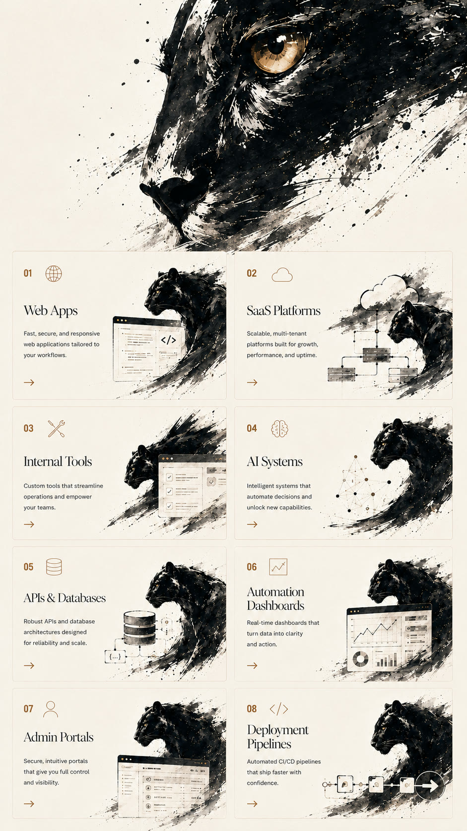What we build — eight kinds of software: web apps, SaaS platforms, internal tools, AI systems, APIs and databases, automation dashboards, admin portals, deployment pipelines