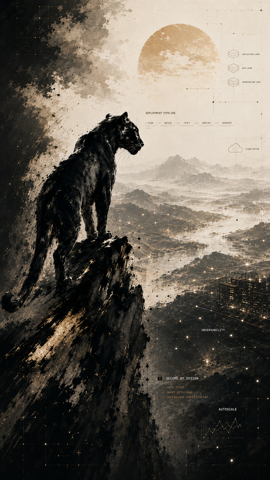 From here, we build — a black panther sits on a cliff at sunrise, surveying a production landscape: deployment pipeline, application/data/infrastructure layers, observability, secure by design (zero trust, least privilege, continuous verification), autoscale