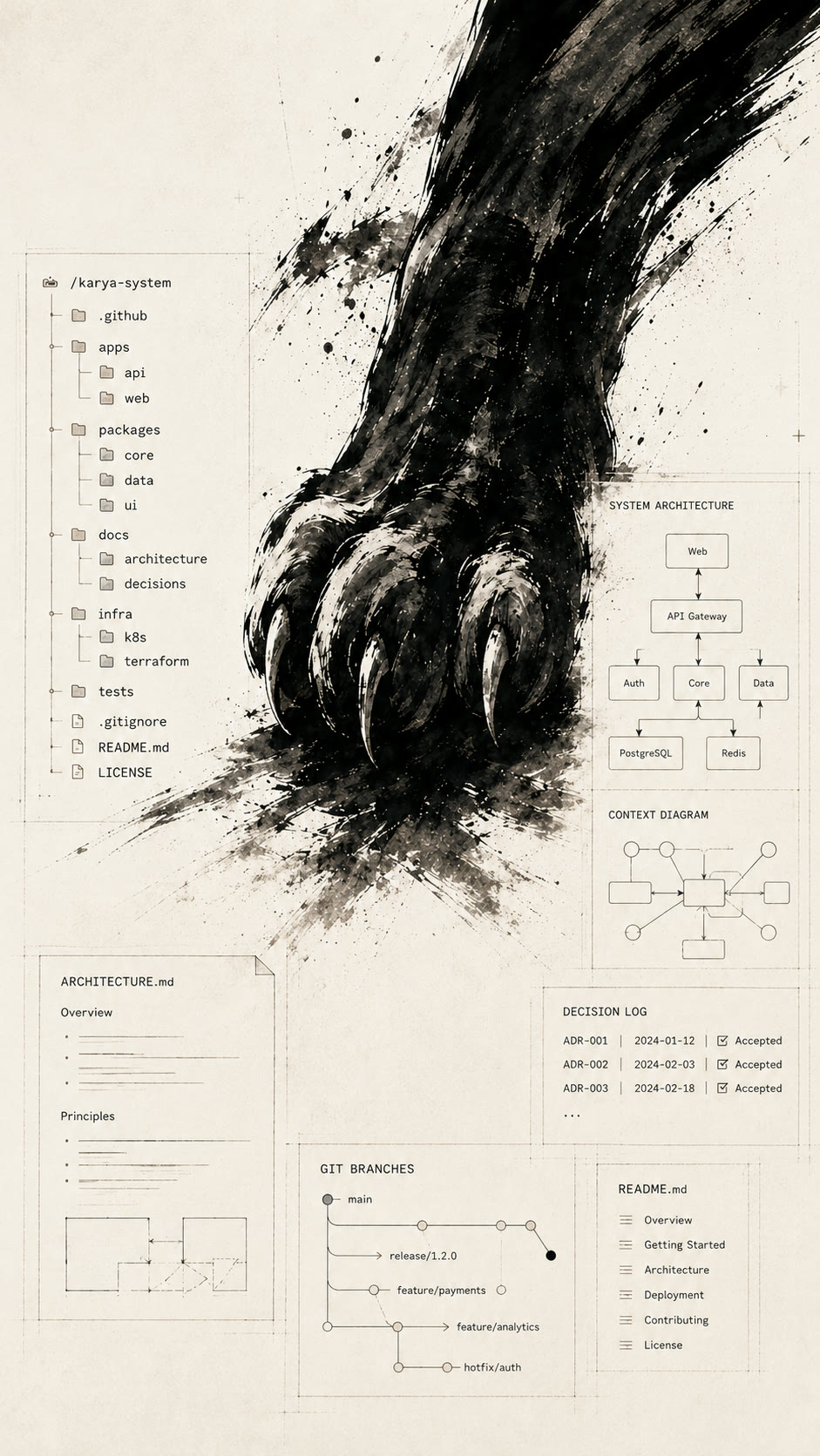 The handover — a monorepo, architecture diagrams, ADR decision log, clean git history, README — the artefacts you inherit when we finish